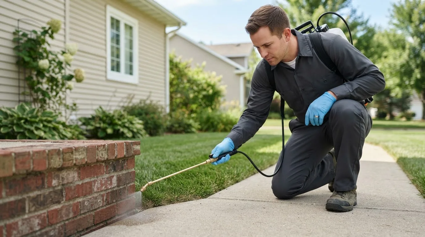 Pest control technician treating a home near Lewiston, NY